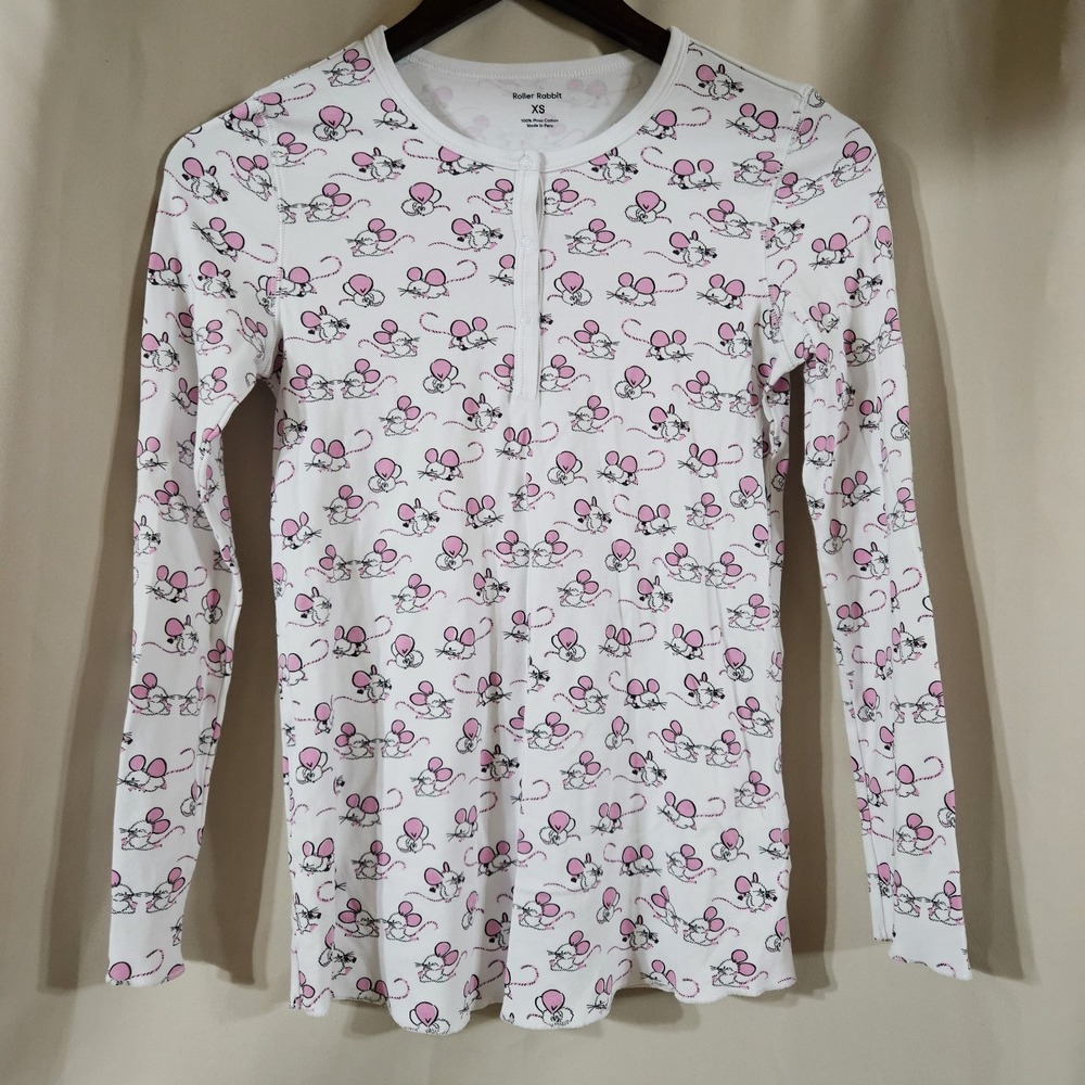 Roller Rabbit Womens XS Pink Mouse Print Pima Cotton Long Sleeve Henley PJ Top